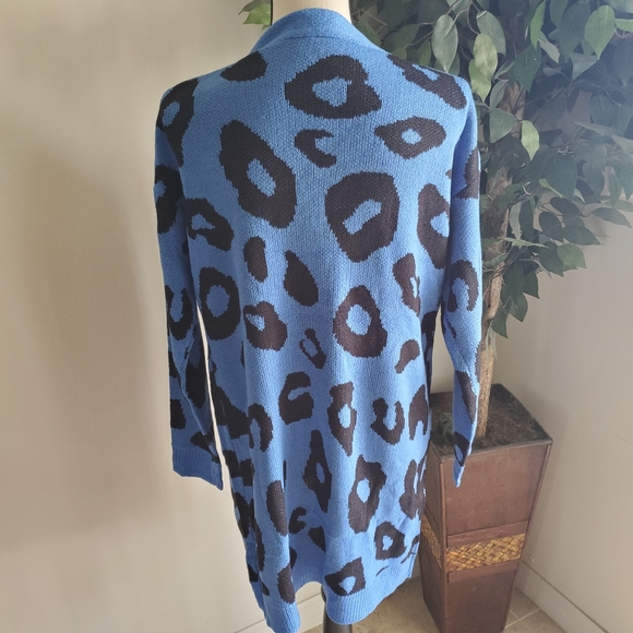 New Blue Leopard Print Long Cardigan Sweater - Picture 6 of 6